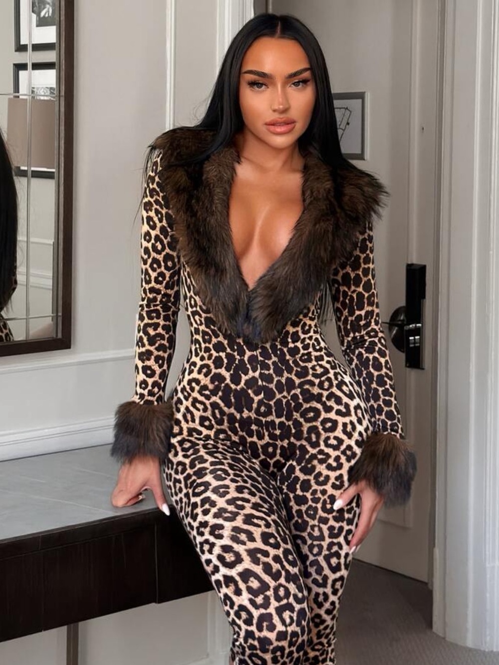 SXY Women's Faux Fur Patchwork Leopard Print Fitted Cropped Jumpsuit